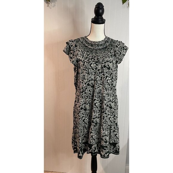 Loft Floral Black & White Dress With Ruffled Sleeves Size PL 100%Viscose - Picture 1 of 15